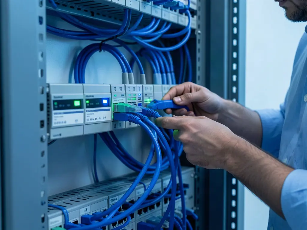 Técnico conectando cables de red en un armario rack
